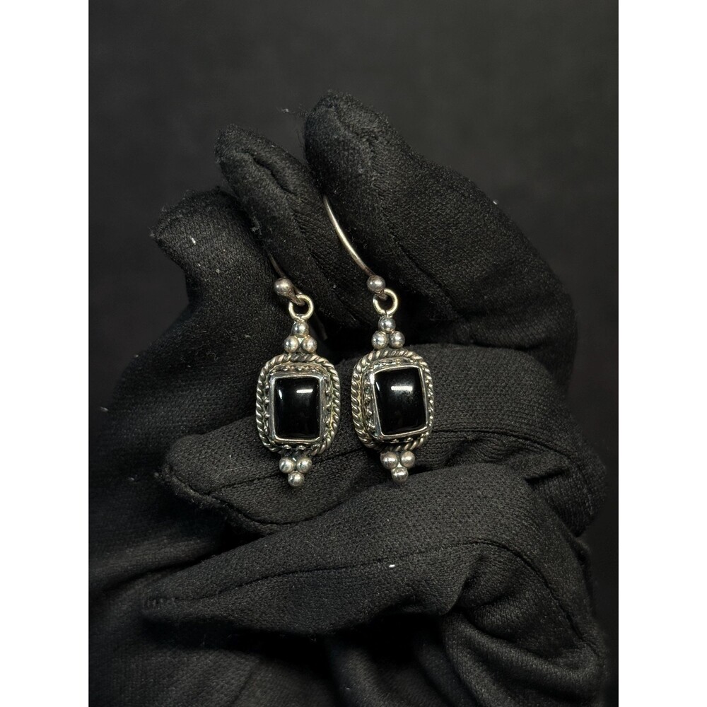 Sterling Silver Black Onyx Ornate Rope Border Drop Earrings